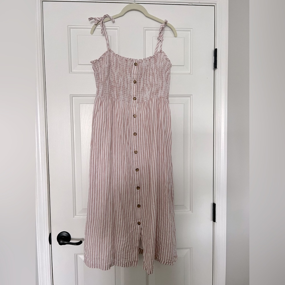 GAP Pink and White Striped Tie-Shoulder Midi Sundress